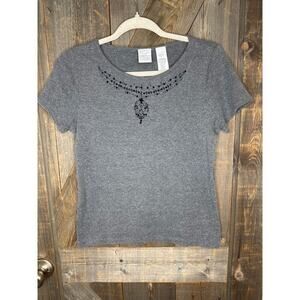 Emma James Gray Shirt Petite Medium Embellished Neckline Short Sleeves